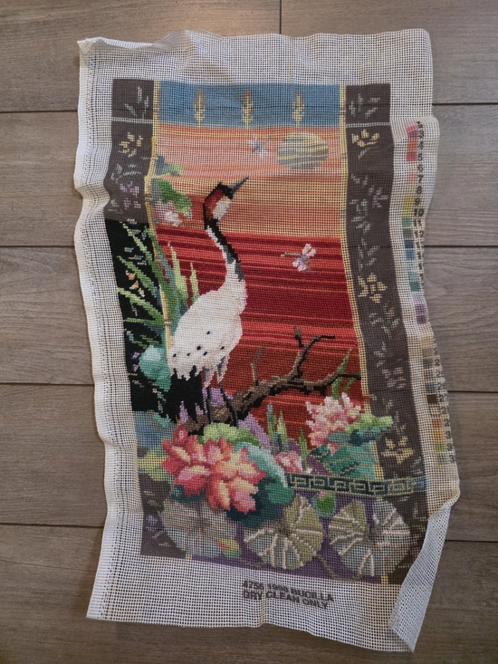 Bucilla Other - VINTAGE UNFINISHED Bucilla Crane Needlepoint Tapestry in Red, White, Green, Blue